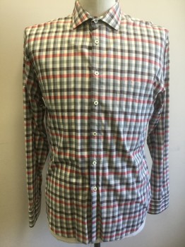 BILLY REID, Gray, Red, Cream, Dk Gray, Cotton, Check , Long Sleeve Button Front, Collar Attached, 1 Pocket