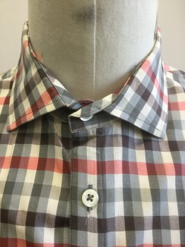 BILLY REID, Gray, Red, Cream, Dk Gray, Cotton, Check , Long Sleeve Button Front, Collar Attached, 1 Pocket