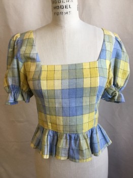 STAID, French Blue, Yellow, Black, Linen, Rayon, Plaid-  Windowpane, Square Neck Front & Back, Puffy Short Sleeves, 3.45" Ruffle Hem, Back Zip