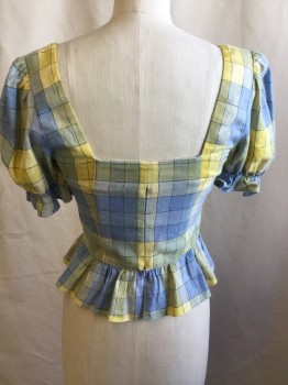 STAID, French Blue, Yellow, Black, Linen, Rayon, Plaid-  Windowpane, Square Neck Front & Back, Puffy Short Sleeves, 3.45" Ruffle Hem, Back Zip