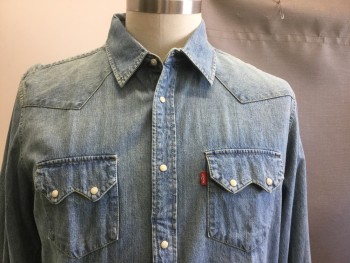 LEVI'S, Lt Blue, Cotton, Solid, Collar Attached, White Pearl Snap Front, Long Sleeves, Pocket Flaps