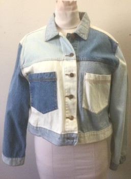 Womens, Jean Jacket, BDG, Denim Blue, Lt Blue, White, Cotton, Color Blocking, L, Colorblocked Panels of Denim in Various Shades (Medium Blue, Light Blue, White), 6 Button Front, Collar Attached, 2 Large Patch Pockets, Boxy Fit