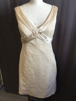 Womens, Cocktail Dress, EVAN PICONE, Beige, Gold, Polyester, Leaves/Vines , 10, Sleeveless, V-Neck, Satin Trim In X Shape Across Front,  Hem Above Knee, Has Matching Jacket