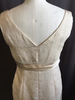 Womens, Cocktail Dress, EVAN PICONE, Beige, Gold, Polyester, Leaves/Vines , 10, Sleeveless, V-Neck, Satin Trim In X Shape Across Front,  Hem Above Knee, Has Matching Jacket