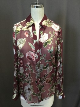 ALICE & OLIVIA, Wine Red, White, Olive Green, Moss Green, Rose Pink, Viscose, Silk, Floral, Burnout Floral Pattern, Chiffon, Button Front, Long Sleeves, Collar Attached, V-neck,