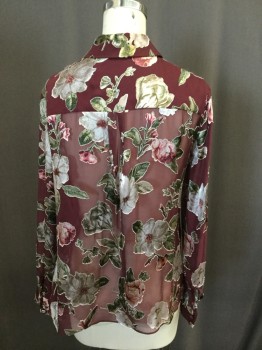 ALICE & OLIVIA, Wine Red, White, Olive Green, Moss Green, Rose Pink, Viscose, Silk, Floral, Burnout Floral Pattern, Chiffon, Button Front, Long Sleeves, Collar Attached, V-neck,