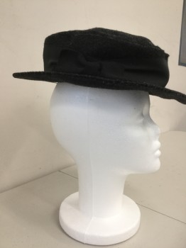 N/L, Charcoal Gray, Black, Wool, Silk, Heathered, Solid, Felt Hat with Narrow Brim, Soft Flat Top with 2" Black Gross Grain Ribbon  on Crown with Bow,