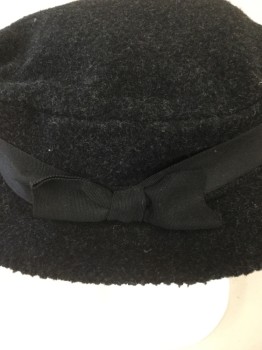 N/L, Charcoal Gray, Black, Wool, Silk, Heathered, Solid, Felt Hat with Narrow Brim, Soft Flat Top with 2" Black Gross Grain Ribbon  on Crown with Bow,