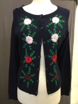 Womens, Sweater, BROOKS BROTHERS, Navy Blue, Green, White, Red, Brown, Wool, Solid, Floral, M, Crew Neck, Yarn Embroidered Flowers and Leaves on Front