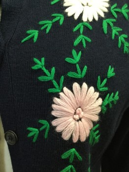BROOKS BROTHERS, Navy Blue, Green, White, Red, Brown, Wool, Solid, Floral, Crew Neck, Yarn Embroidered Flowers and Leaves on Front