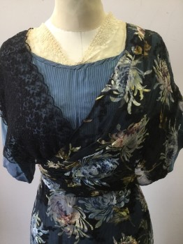 MTO, Slate Blue, Navy Blue, Black, Pink, Yellow, Silk, Floral, Stripes - Pin, Blue Silk with Navy Pinstripes, Semi Square Neck with Cream Delicate Lace V-neck, Short Sleeves, Black Lace Overlay on Right Shoulder, Black Multi Floral Chiffon Overlay, Draped at Bust, Pleated Waist Band, Overlay is High/low,