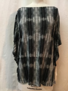 VINTAGE SUZIE, Black, White, Gray, Synthetic, Abstract , Round Neck, Elephant Ear Short Sleeves, Stretchy Material, 1990's