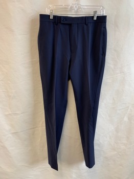 CALVIN KLEIN, Navy Blue, Wool, Lycra, Solid, Flat Front, Zip Fly, Button Tab Closure, 4 Pockets, Belt Loops