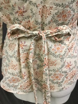 BANANA REPUBLIC, Tan Brown, Dk Red, Rust Orange, Gray, Cotton, Floral, Leaves/Vines , Tan with Rust/gray/dark Red Tiny Flowers/leaves Print, V-neck with Stand Collar Attached, Button Front, 3/4 Sleeves