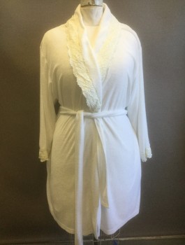 Womens, SPA Robe, I.APPEL, White, Polyester, Rayon, Solid, XL, Terry Cloth, Lace Trim on Shawl Lapel, Long Sleeves, 2 Side Pockets, Belt Loops, **With Matching Sash Belt