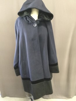 FORECASTER, Navy Blue, Black, Wool, Synthetic, Solid, Single Breasted, Hidden Placket, Attached Hood with Black Velvet Lining, Black Wool Sleeve Bottom/body, Navy Poly Satin Lining