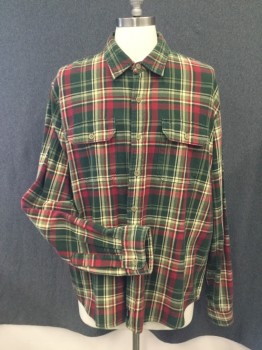 ABERCROMBIE &  FITCH, Green, Red, Cream, Cotton, Plaid, Cotton Flannel Shirt, 2 Pockets with Flaps, Long Sleeves,