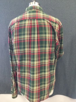 ABERCROMBIE &  FITCH, Green, Red, Cream, Cotton, Plaid, Cotton Flannel Shirt, 2 Pockets with Flaps, Long Sleeves,