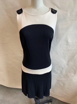 FOX 10, Black, Beige, Polyester, Wool, Color Blocking, Round Neck, Beige Round Neck with Short Black Strap & Large Black Button at Shoulder, Sleeveless, Beige 2.5" Dropped Waist Band with Top Stitch Large Pleat Short Skirt, Zip Front,
