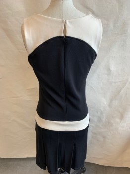 FOX 10, Black, Beige, Polyester, Wool, Color Blocking, Round Neck, Beige Round Neck with Short Black Strap & Large Black Button at Shoulder, Sleeveless, Beige 2.5" Dropped Waist Band with Top Stitch Large Pleat Short Skirt, Zip Front,