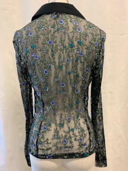 RAMPAGE, Black, Gray, Teal Blue, Purple, Synthetic, Floral, Sheer Net, Floral Embroidery, Black Lace Up Center Front, Collar Attached, Long Sleeves, 1990's