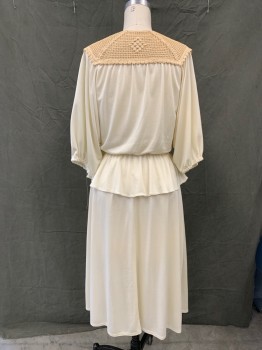 N/L, Cream, Taupe, Synthetic, Solid, Taupe Crochet Yoke with Button Loop Front, Gathered at Toke, Dolman Short Sleeves, with Elastic Cuff, Elastic Waist, Peplum, Hem Below Knee,