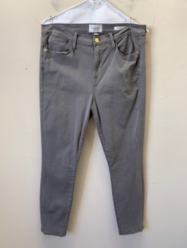 FRAME, Gray, Cotton, Rayon, Solid, Skinny Pant, Stretch Fabric, High Waist, Zip Fly, 5 Pockets, Belt Loops