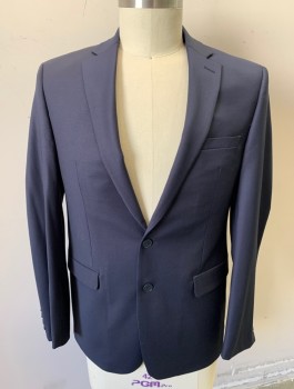 CALVIN KLEIN, Navy Blue, Wool, Lycra, Solid, Single Breasted, Notched Lapel, 2 Buttons, 3 Pockets