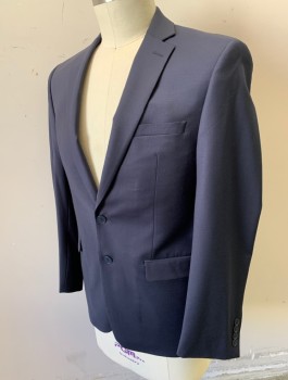CALVIN KLEIN, Navy Blue, Wool, Lycra, Solid, Single Breasted, Notched Lapel, 2 Buttons, 3 Pockets