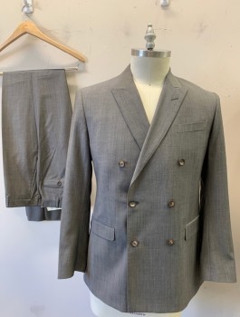 BROOKS BROTHERS, Gray, Wool, Cupro, Solid, Double Breasted, Peaked Lapel, 6 Buttons, 3 Pockets, Double Back Vent