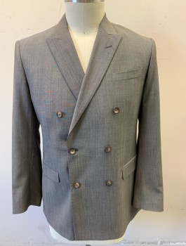BROOKS BROTHERS, Gray, Wool, Cupro, Solid, Double Breasted, Peaked Lapel, 6 Buttons, 3 Pockets, Double Back Vent