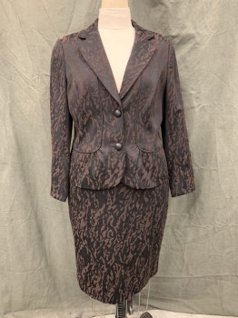 Womens, 1990s Vintage, Suit, Jacket, PECK & PECK, Brown, Black, Cotton, Polyester, Abstract , B:40, Brocade, Single Breasted, Notched Lapel, 2 Buttons, Black Piping, Gathered Detail At Waist *Shoulder Discoloration*