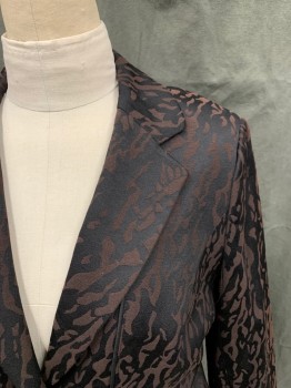 PECK & PECK, Brown, Black, Cotton, Polyester, Abstract , Brocade, Single Breasted, Notched Lapel, 2 Buttons, Black Piping, Gathered Detail At Waist *Shoulder Discoloration*