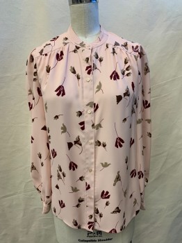 Womens, Blouse, JOIE , Rose Pink, Red Burgundy, Olive Green, Polyester, Rayon, Floral, XS, Collar Band, Button Front, Long Sleeves