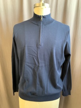 BROOKS BROTHERS, Navy Blue, Cotton, Solid, 1/4 Zip Front, Ribbed Knit High Collar/Cuff/Waistband