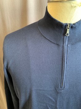 BROOKS BROTHERS, Navy Blue, Cotton, Solid, 1/4 Zip Front, Ribbed Knit High Collar/Cuff/Waistband