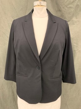 Womens, Blazer, LIZ CLAIBORNE, Black, Polyester, Rayon, Solid, 16, Single Breasted, Collar Attached, Peaked Lapel, 1 Button, 2 Welt Pockets