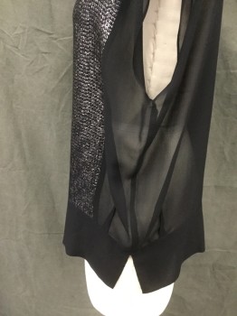 EILEEN FISHER, Black, Silk, Solid, Sheer, Square Sequin Front, Scoop Neck, Cap Sleeves, Wide Waistband with Side Seam Slits