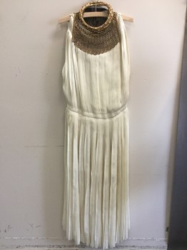 Ivory White, Bronze Metallic, Silk, Solid, Pleated Silk, Large Arm Holes, Metal Brushed Lazer Cut Leather Collar with Leather Cords and Gold Metal Pieces, Has Internal Body Shaper with Legs, Looks Like the Top Elastic Will Sit Above the Bust, Hem is the Selvage