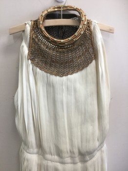 Womens, Historical Fiction Dress, Ivory White, Bronze Metallic, Silk, Solid, L, Pleated Silk, Large Arm Holes, Metal Brushed Lazer Cut Leather Collar with Leather Cords and Gold Metal Pieces, Has Internal Body Shaper with Legs, Looks Like the Top Elastic Will Sit Above the Bust, Hem is the Selvage