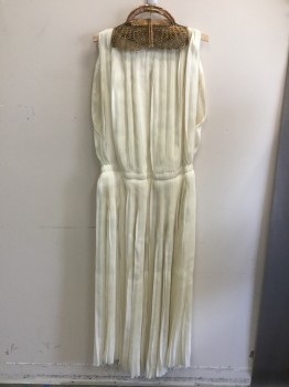 Womens, Historical Fiction Dress, Ivory White, Bronze Metallic, Silk, Solid, L, Pleated Silk, Large Arm Holes, Metal Brushed Lazer Cut Leather Collar with Leather Cords and Gold Metal Pieces, Has Internal Body Shaper with Legs, Looks Like the Top Elastic Will Sit Above the Bust, Hem is the Selvage