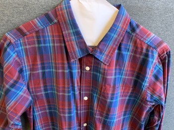 OLD NAVY, Red Burgundy, Blue, Turquoise Blue, Red, Navy Blue, Cotton, Plaid, Button Front, Collar Attached, Long Sleeves, 1 Pocket,