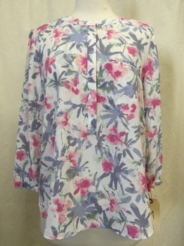 NYDJ, White, Magenta Pink, Lt Pink, Gray, Green, Polyester, Half Button Placket, 3/4 Sleeves, 1 Faux Pocket