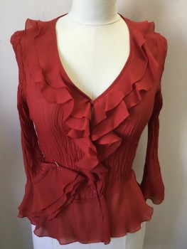 SUNNY LEIGH, Red, Polyester, Solid, Sheer, Vertical Wrinkle Bodice, 2 Solid Rubble Layers Deep/wide V-neck, Long Sleeves Cuffs & Hem (1 Layer), Button Front,