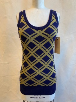 MARC BY MAR JACOBS, Navy Blue, Gold, Silk, Cashmere, Diamonds, Scoop Neck, Ribbed Back & Trim, Sleeveless