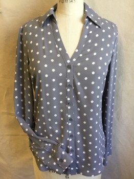 EXPRESS, Gray, Off White, Polyester, Polka Dots, V-neck with Collar Attached, Button Front, Long Sleeves,  Curved Hem