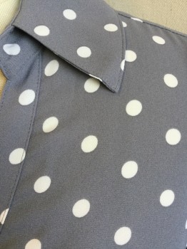 EXPRESS, Gray, Off White, Polyester, Polka Dots, V-neck with Collar Attached, Button Front, Long Sleeves,  Curved Hem