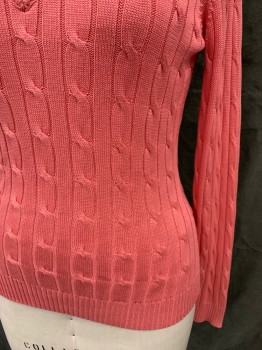 Womens, Pullover, INC, Bubble Gum Pink, Silk, Cotton, Solid, L, Cable knit, Ribbed Knit V-neck, Long Sleeves, Ribbed Knit Waistband/Cuff