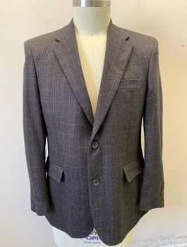 LOUIS PHILIPPE, Espresso Brown, Navy Blue, Rust Orange, Wool, Plaid - Tattersall, Single Breasted, Notched Lapel, 2 Buttons, 3 Pockets, Espresso Brown Lining