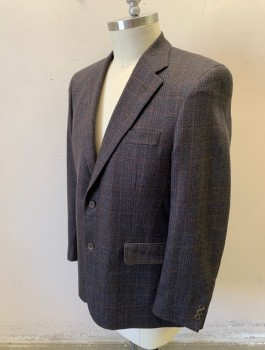 LOUIS PHILIPPE, Espresso Brown, Navy Blue, Rust Orange, Wool, Plaid - Tattersall, Single Breasted, Notched Lapel, 2 Buttons, 3 Pockets, Espresso Brown Lining